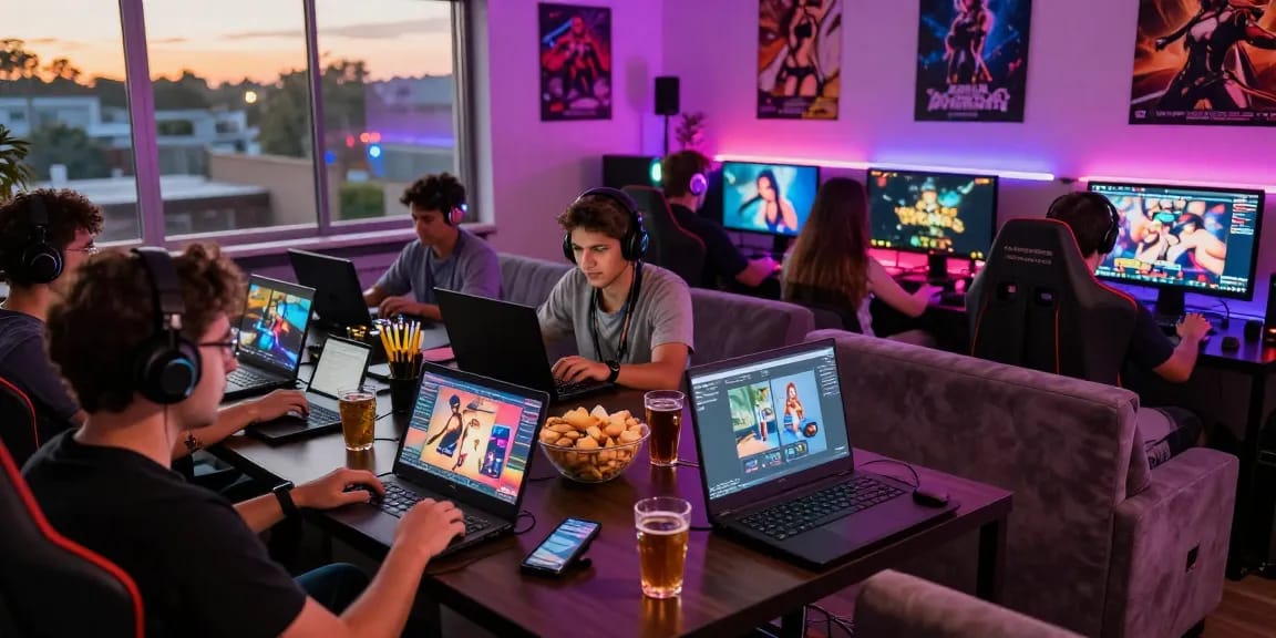 Gamers actively playing porn games online in a vibrant lounge setting with devices and snacks.
