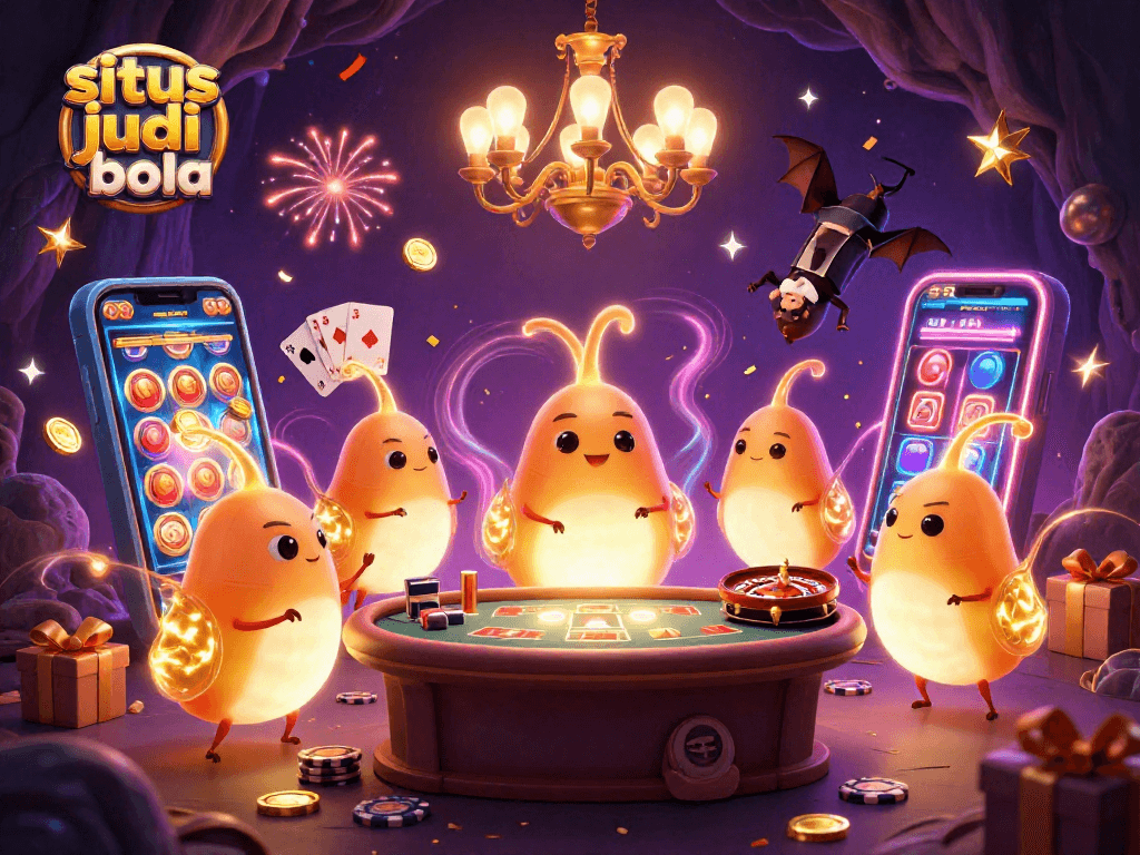 Situs judi bola experience enhanced with a vibrant 3D casino illustration featuring animated glowworms, a bat dealer, and dynamic gaming elements.