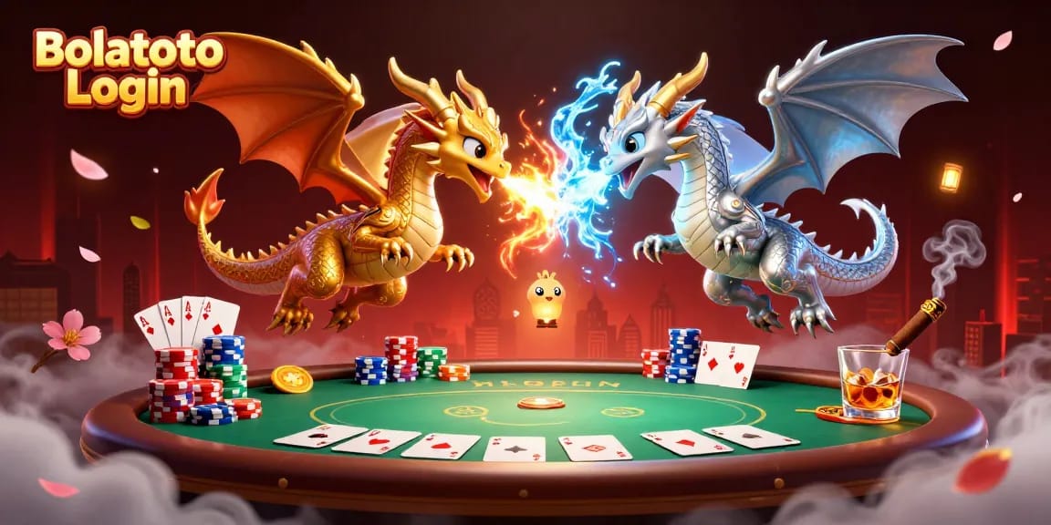 Engage in exciting gameplay with Bolatoto Login, featuring dragons and poker elements in a vibrant 3D scene.