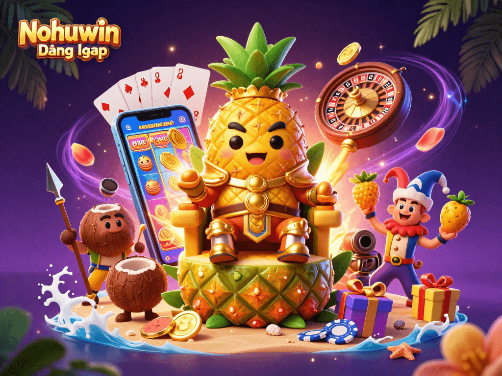 Nohuwin Đăng nhập scene with golden pineapple king, coconut guards, and mango jester in a rich casino setup.
