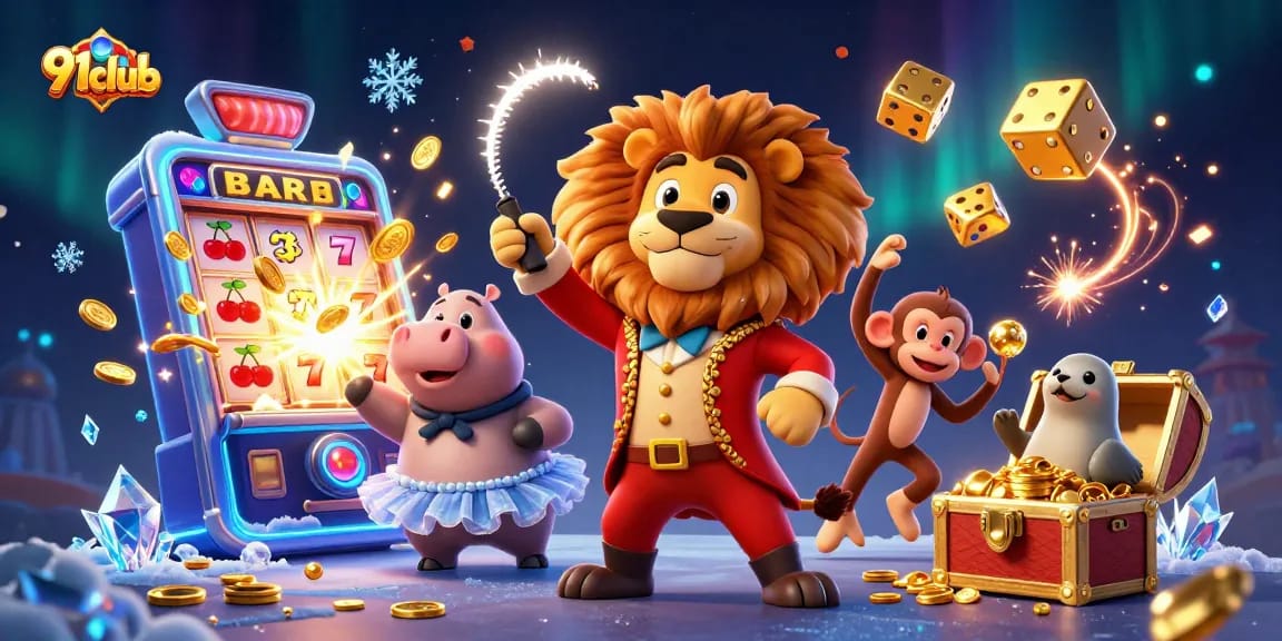Experience the thrill with 91club as a colorful circus scene bursts with casino excitement.