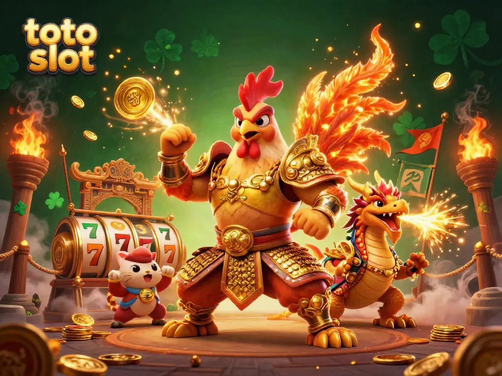 Play exciting toto slot games with this vibrant, action-packed casino illustration featuring a rooster warrior.