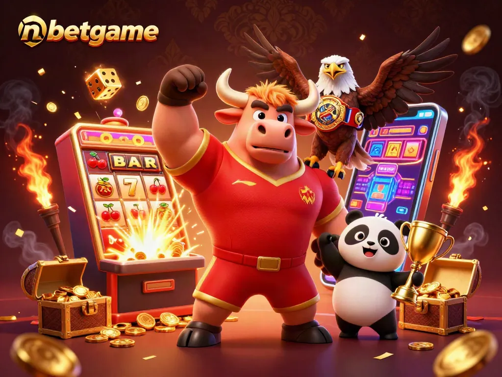Win big with nbetgame in this vibrant casino scene featuring a bull mascot and winning elements.