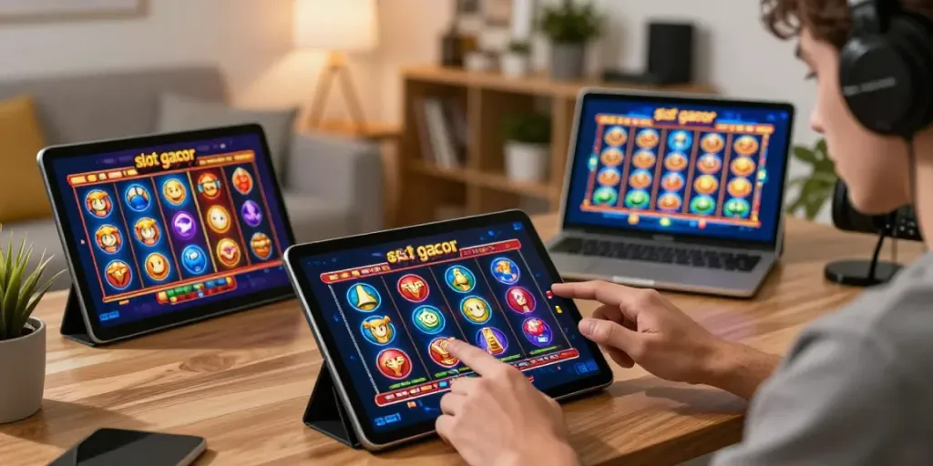 Engaged player exploring slot gacor games on a tablet in a vibrant home gaming setup.