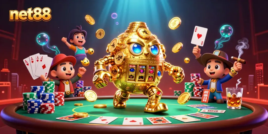 Experience the vibrant world of net88 with a dynamic 3D casino scene featuring rich gaming elements.