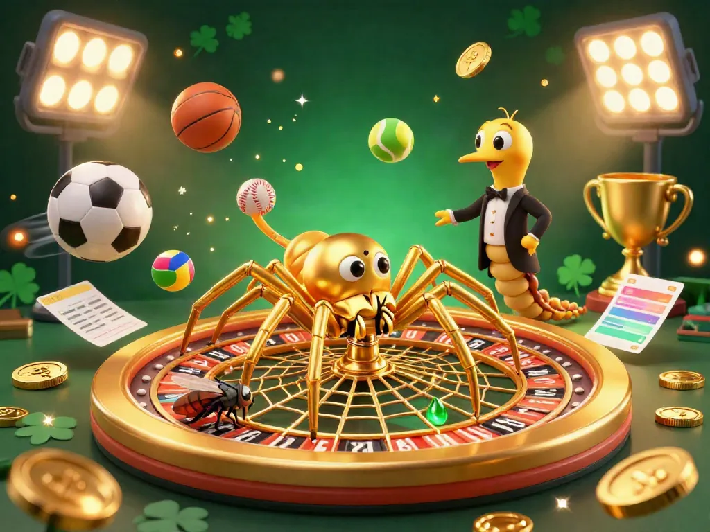 Experience thrilling betting at cwin with a vibrant scene of a golden spider spinning a roulette wheel.