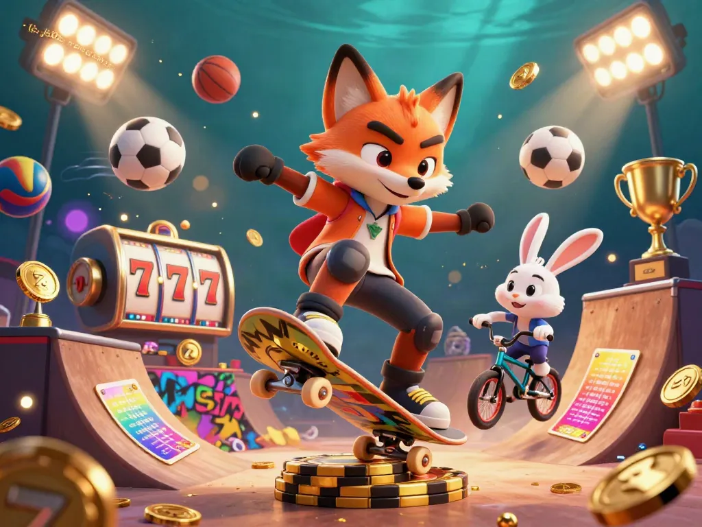 Catch the excitement of tg88 trang chủ with a 3D illustration showing a skateboarder fox above golden poker chips and playful rabbit, setting the gambling scene.