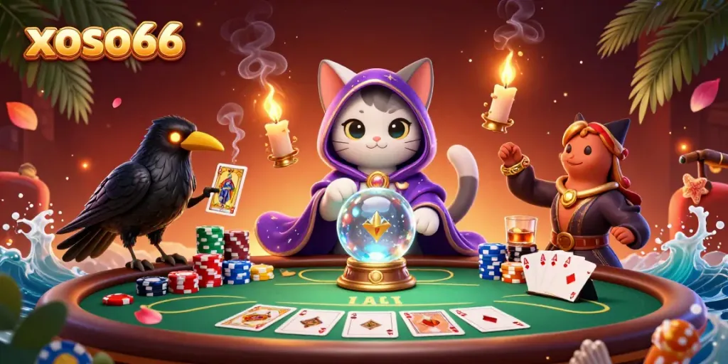 Experience the excitement of xoso66 with a vibrant 3D illustration of fortune teller characters in a thrilling casino setting.