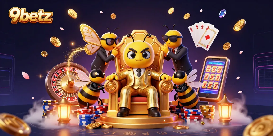 Experience 9betz excitement with a lively 3D casino scene featuring a bumblebee mob boss and dynamic gaming elements.
