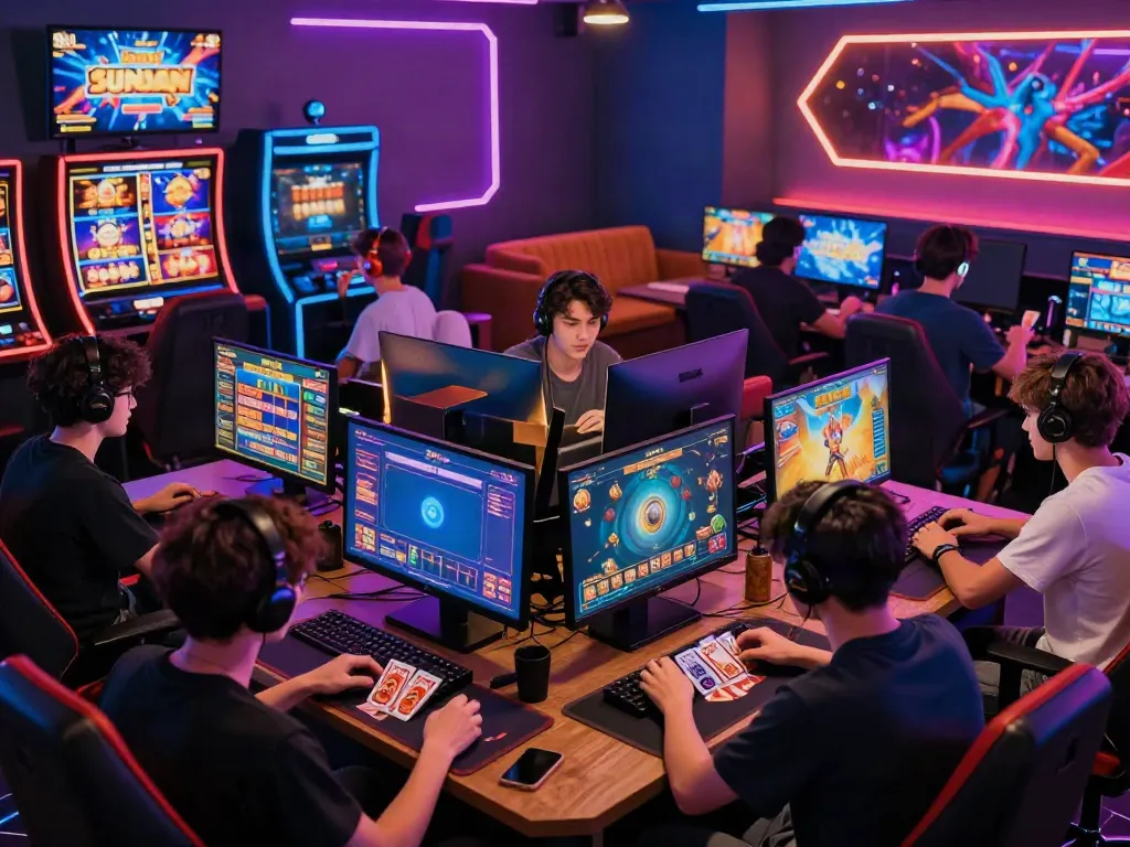 Engaged players enjoying the cổng game sunwin platform featuring colorful gaming screens.