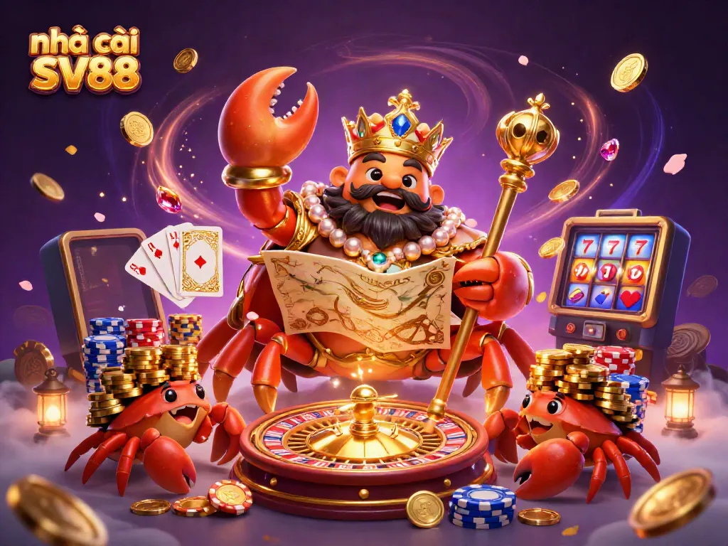 Experience the excitement at nhà cái SV88 with a golden crab emperor and vibrant casino elements.