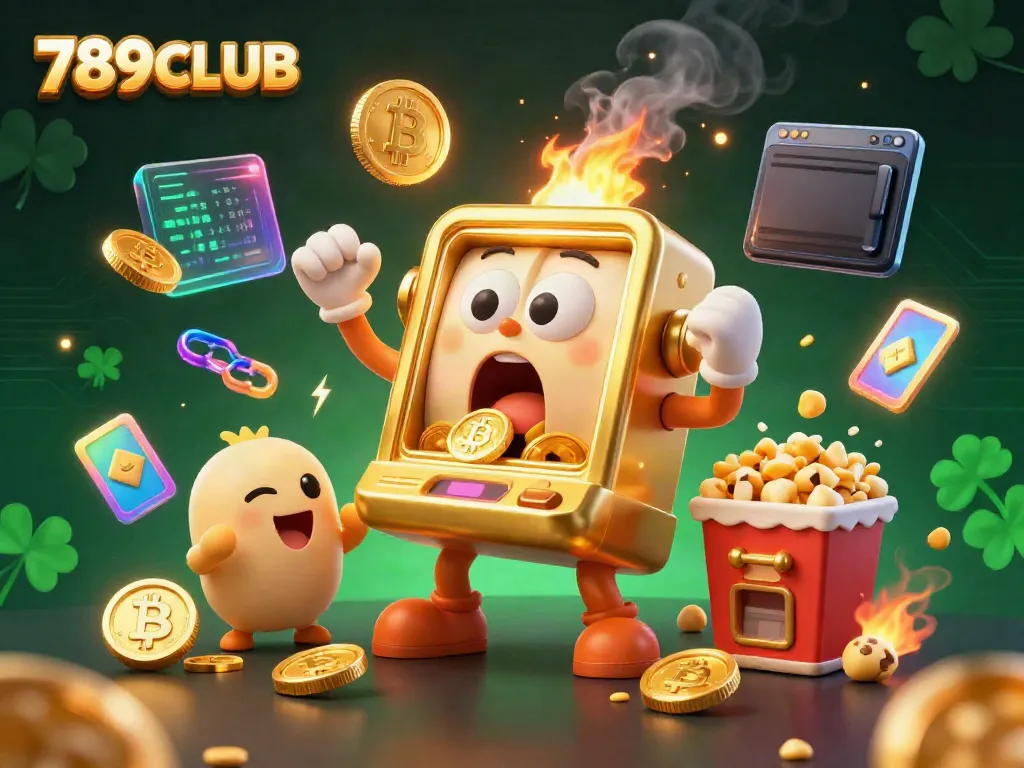 Win big at 789CLUB with a vibrant illustration of a golden slot machine hitting the jackpot while cheering companions celebrate.