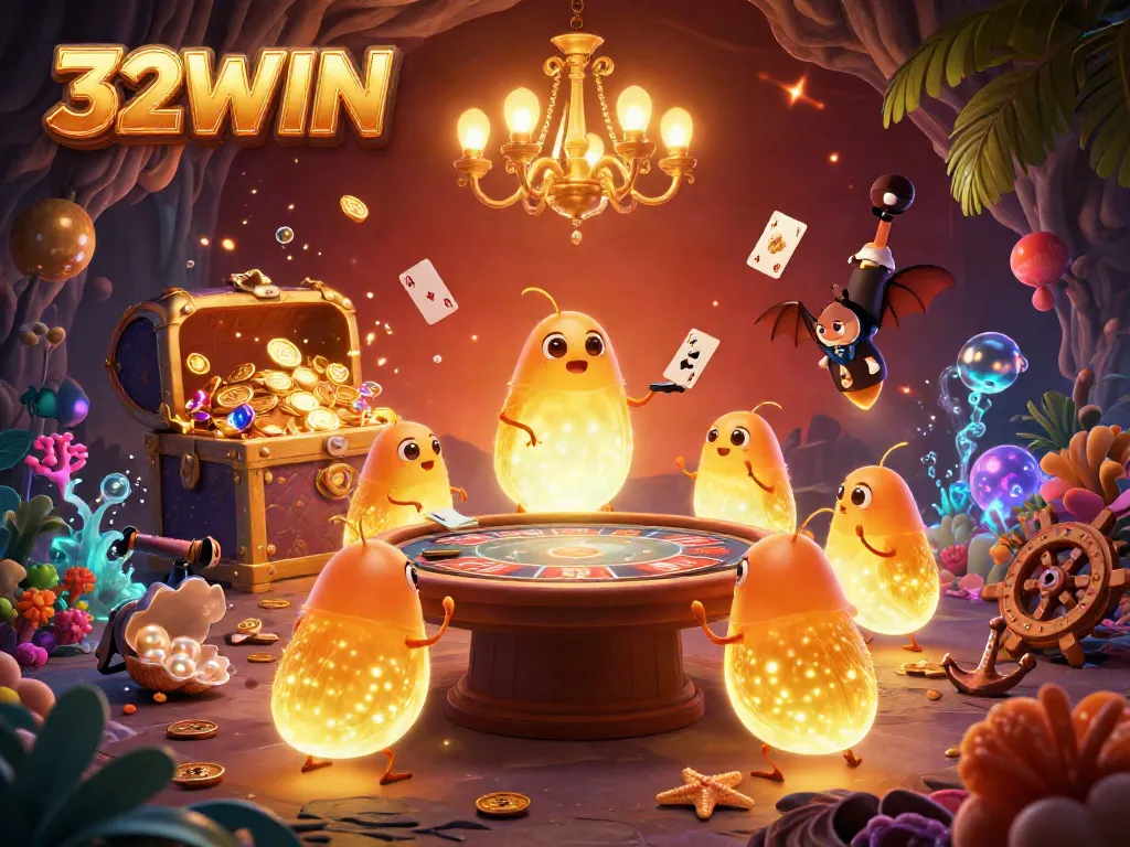 Experience vibrant gameplay at 32WIN in an illuminated cave casino with glowing glowworms.