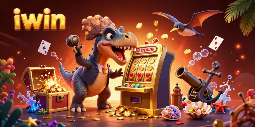 Iwin's thrilling casino scene, featuring a dinosaur-themed jackpot moment with colorful game elements