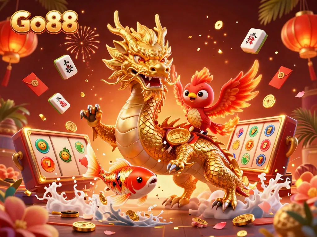 Go88 casino scene featuring a dragon, phoenix, and koi fish amid golden coins and Mahjong tiles.