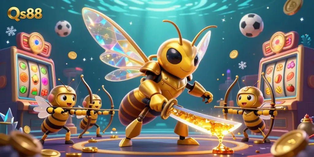Experience Qs88's vibrant casino world with a dynamic 3D illustration of a samurai hornet and bee archers.