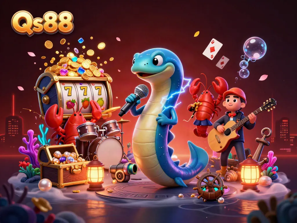 Experience the exciting underwater casino scene with Qs88 featuring colorful characters, vibrant slot reels, and treasure