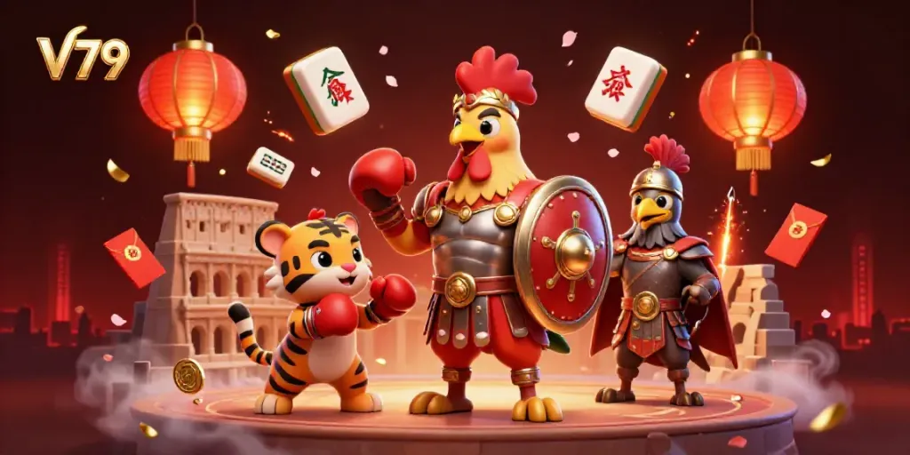 Experience V79's lively gambling scene with a rooster gladiator and tiger cub in an arena.