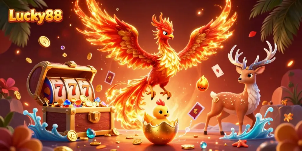 Experience thrilling gameplay at Lucky88 with an extraordinary 3D rendering of a phoenix, game reels, and treasure!