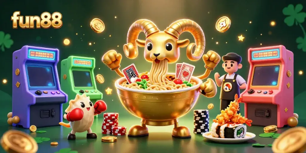 Fun88's vibrant 3D animated scene showcases a giant ramen bowl character dealing cards in an engaging casino atmosphere