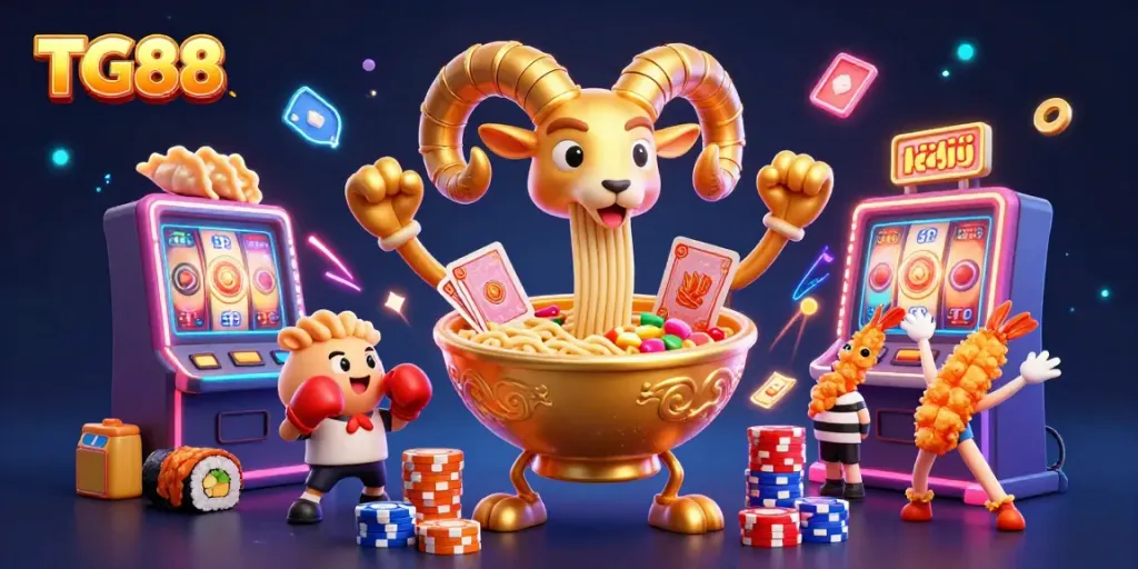 Engage in the exciting world of TG88 with cartoon characters celebrating casino-style wins, showcasing vibrant slot machines.