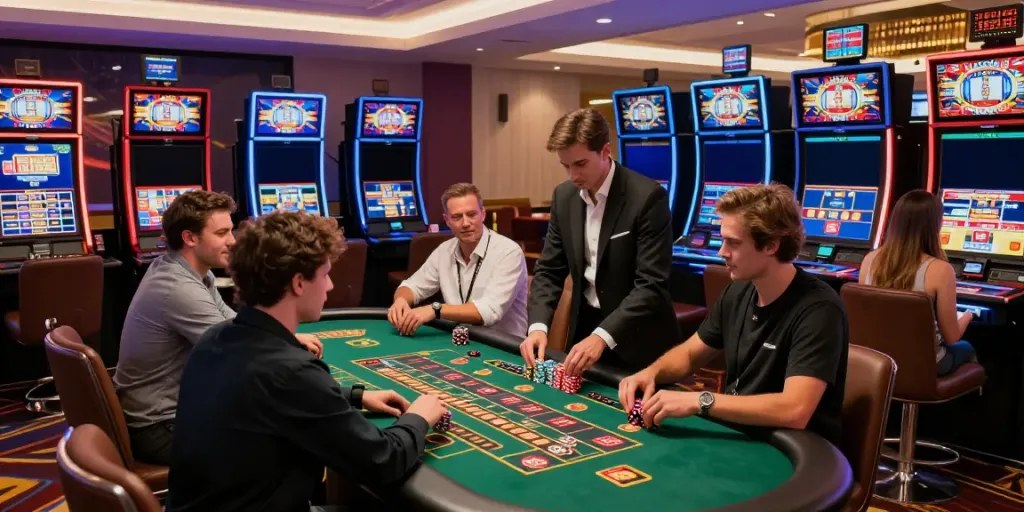 Exciting credit card casino scene with players enjoying slot machines and table games, featuring vibrant lighting and luxury decor.