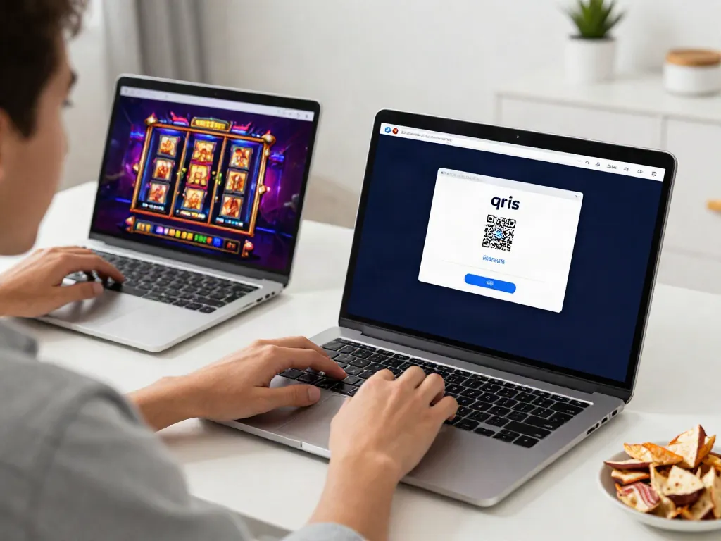 Player enjoying slot qris games on laptop with QRIS payment app in a modern gaming setup.
