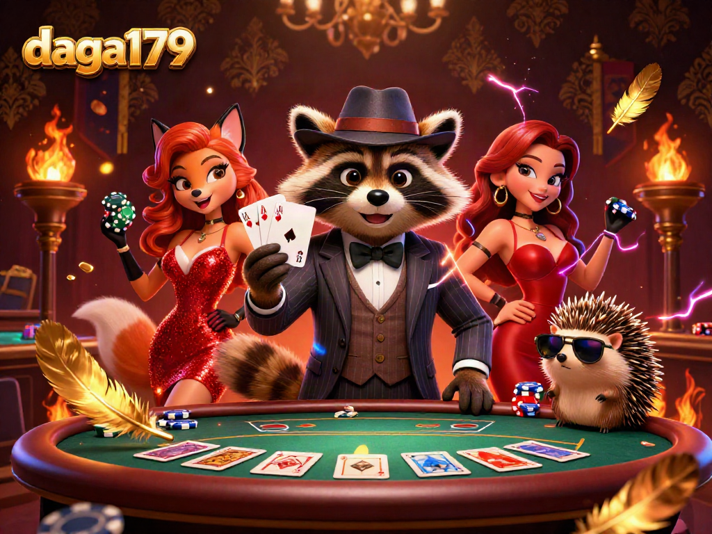 Daga179 showcases a lively 3D illustration with raccoon holding a royal flush at a dynamic poker game.