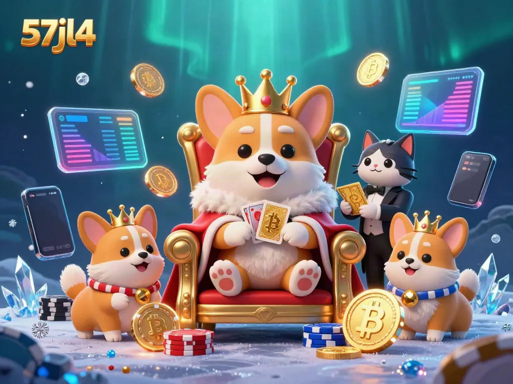 Engage with 57jl4's vibrant 3D casino scene featuring a royal corgi and crypto elements.