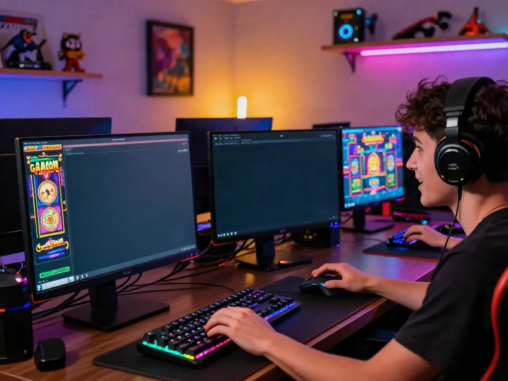 Player engaged with slot gacor gampang menang games on a vibrant gaming setup with colorful graphics.