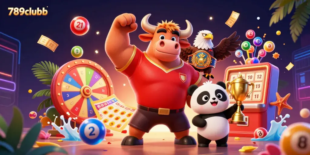 Engaging illustration of 789clubb featuring a bull mascot, eagle, and panda among vibrant game elements and dynamic prizes.