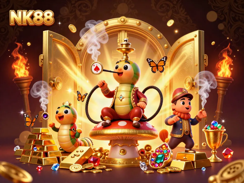 Win with NK88 in this vibrant 3D casino illustration featuring poker symbols and golden treasures.
