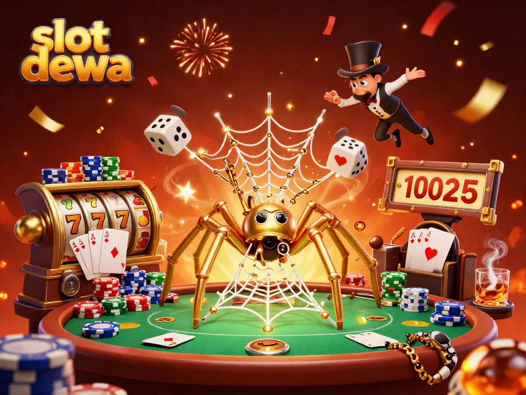 Engage in thrilling slot dewa gameplay as a golden spider traps dice while a Victorian fly revels in the fun.
