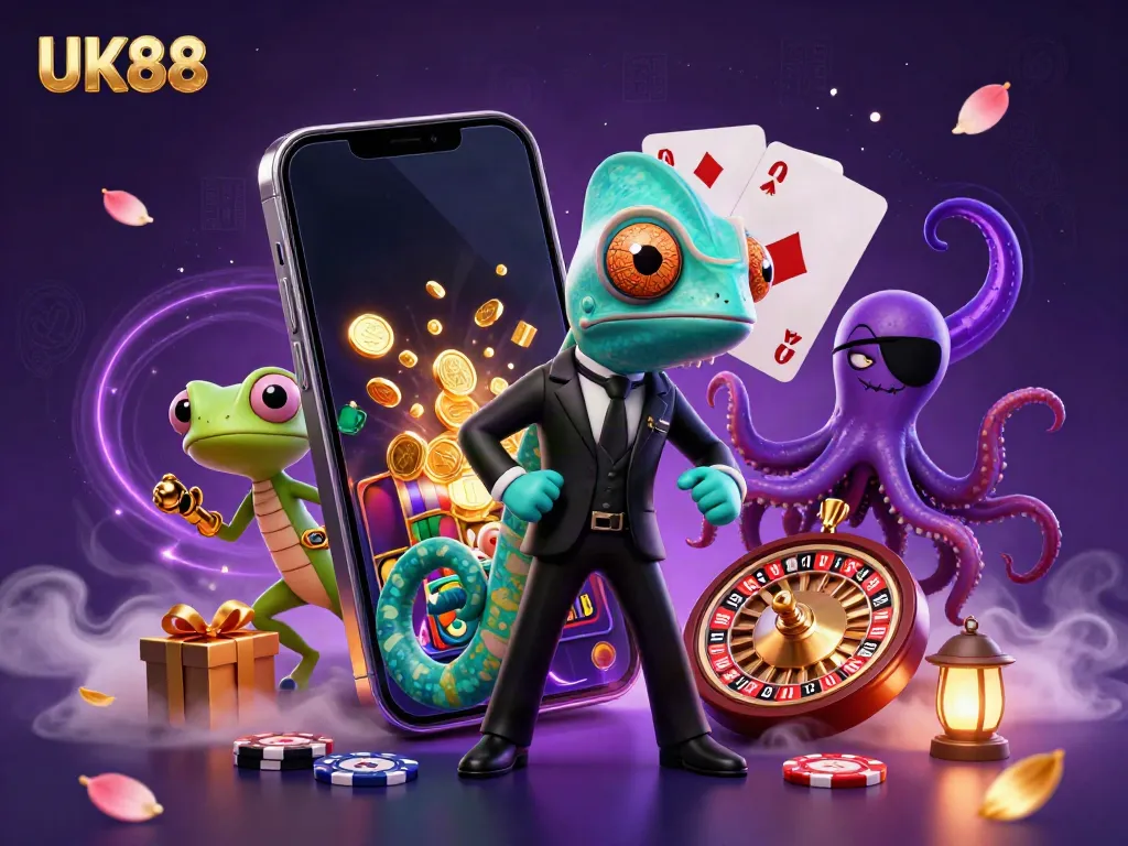 Experience thrilling wins at UK88 with a 3D illustration of vibrant gaming elements and characters.
