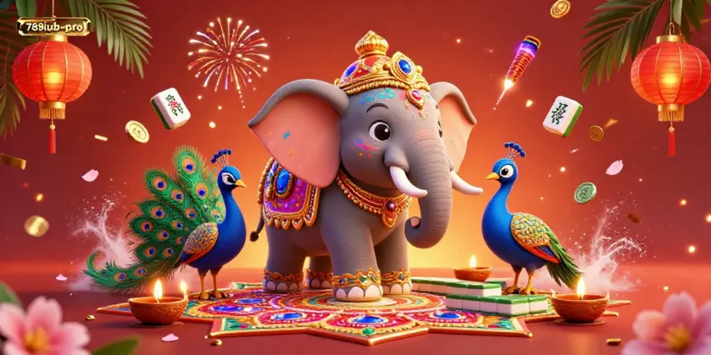 Play thrilling games at 789lub-pro with a colorful illustration of festive casino elements and vibrant characters.