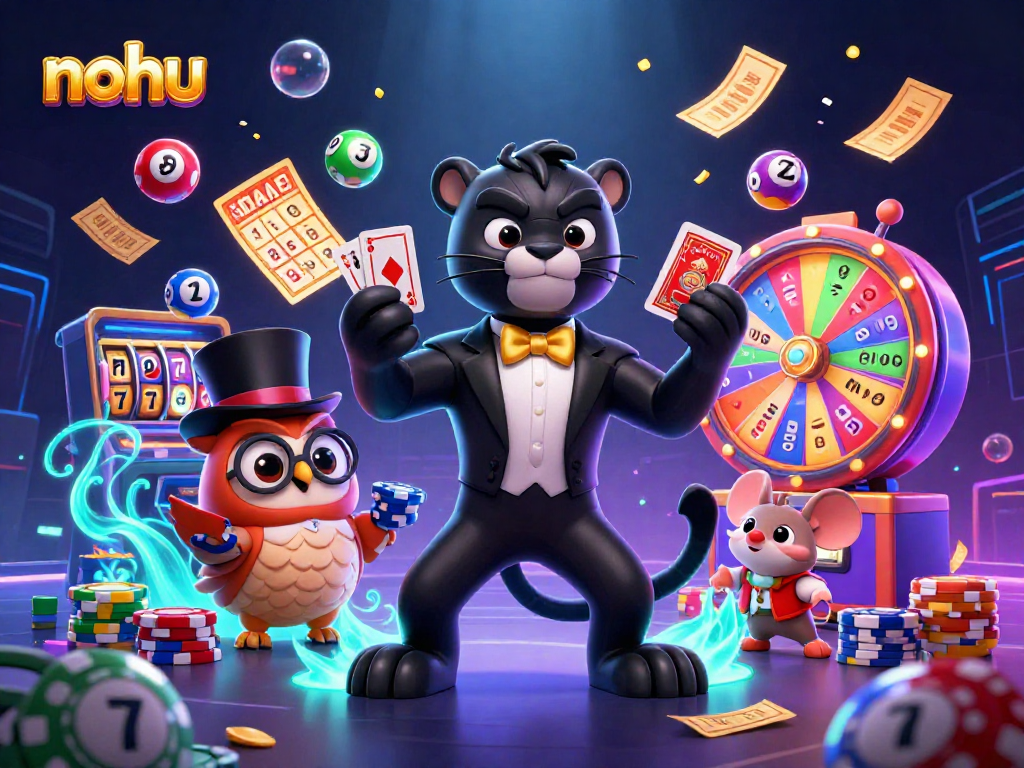 Nohu engages players with vibrant casino-themed characters amidst colorful slot elements.