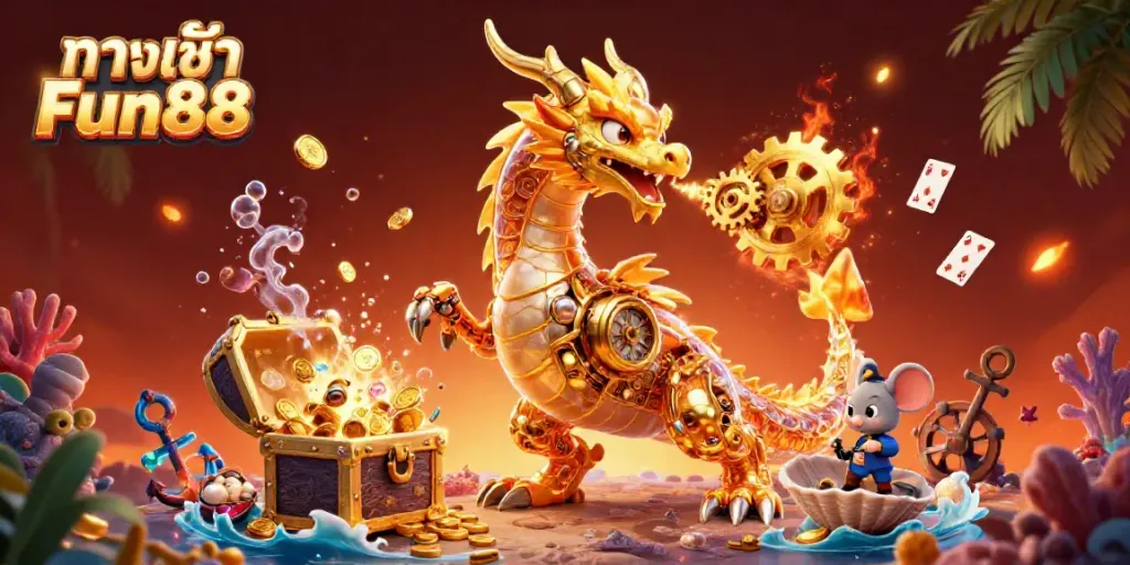 Engage with ทางเข้า Fun88 for thrilling gaming adventures featuring a golden dragon and treasure!
