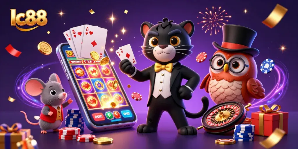 Experience exciting casino action with lc88 as a stylish panther deals cards surrounded by vibrant game elements.