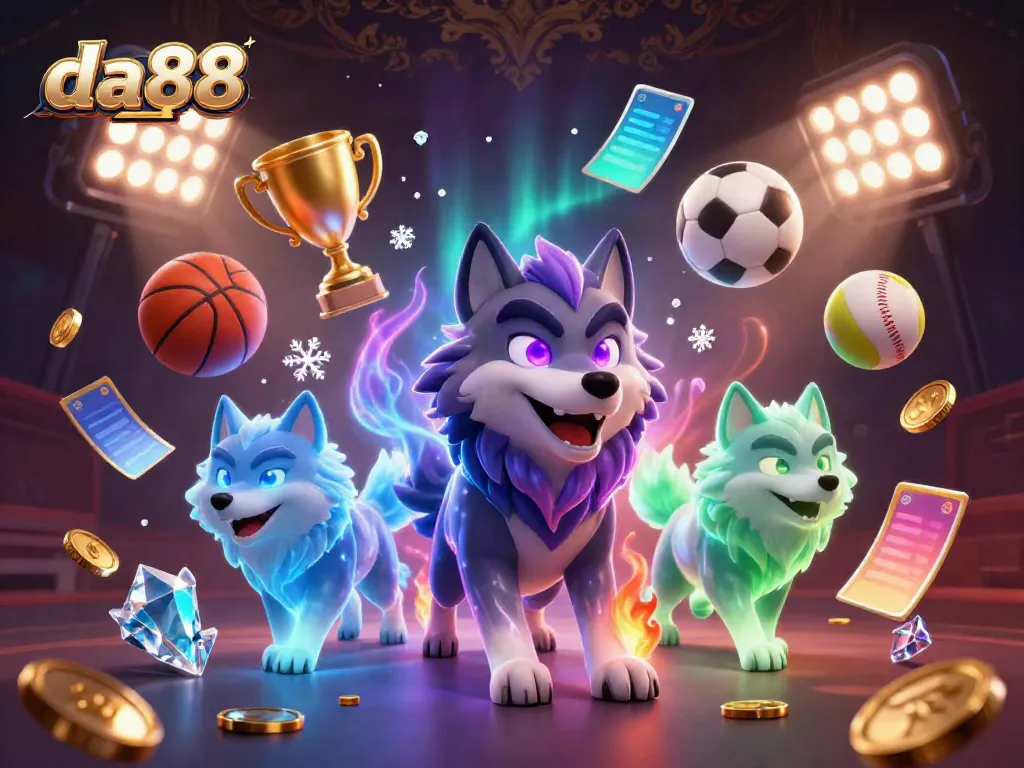 Engage in vibrant gaming action with da88, featuring a powerful wolf trio amidst dynamic sports elements.