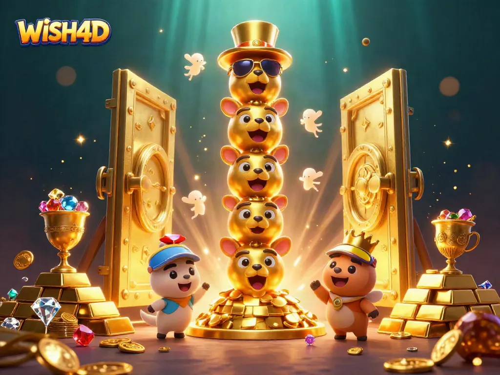 Engage with WISH4D's interactive gaming scene featuring golden treasures and playful characters.