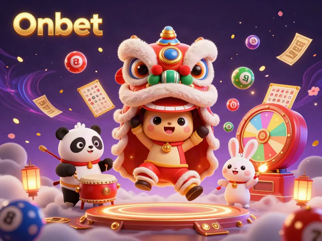 Experience thrilling gaming with Onbet at a vibrant carnival-like celebration featuring a Chinese lion dance.