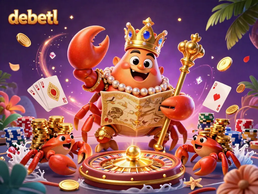 Engage with debetl's vibrant casino scene featuring a golden crab emperor and stunning game elements.