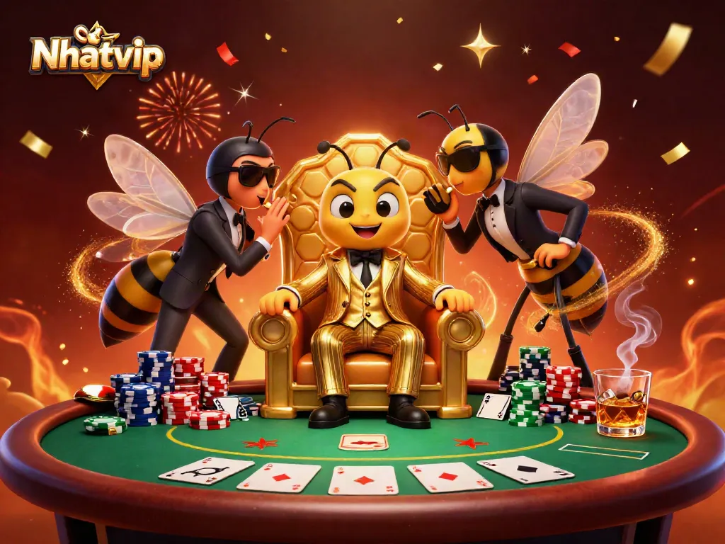 Nhatvip casino scene featuring a cartoon bumblebee mob boss among poker elements and festive decorations