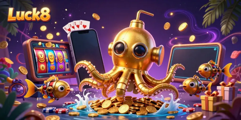 Experience thrilling gameplay at Luck8 with a vibrant scene of a golden kraken emerging amidst alluring casino games.