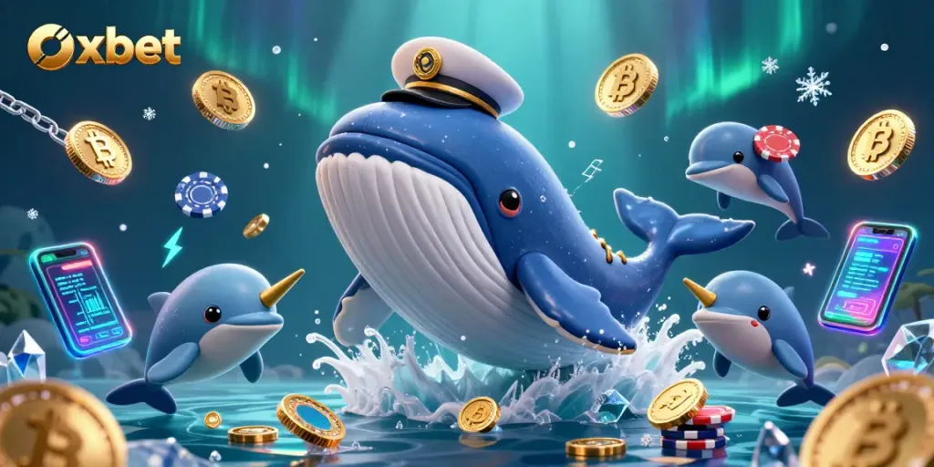 Play, win big at OXBET with a vibrant underwater casino scene featuring whales, coins, and poker chips.
