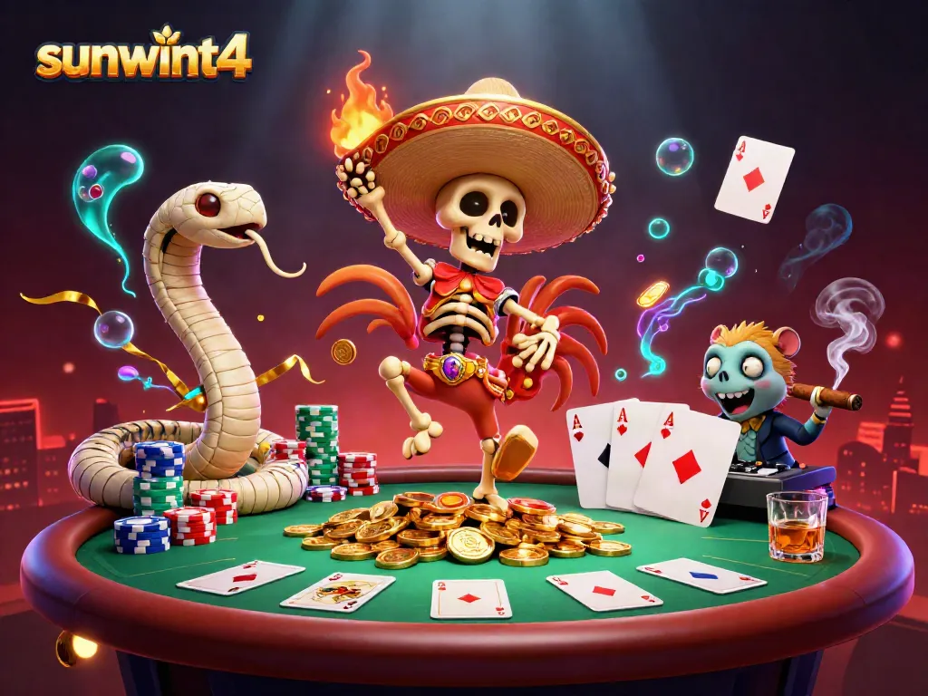 Experience sunwint4's vibrant online casino ambiance with lively characters and rich gaming elements.
