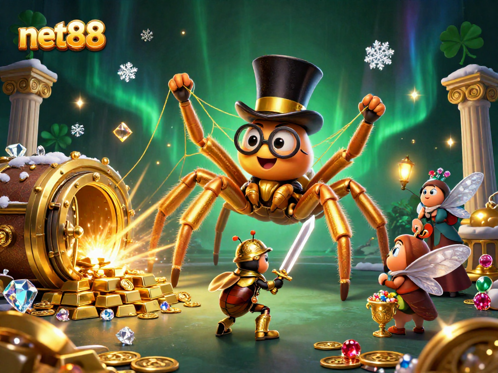Engage in thrilling gaming as net88 reveals treasures with a giant tarantula spinning gold webs.