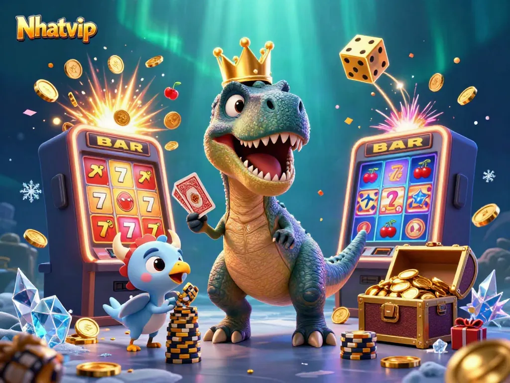 Nhatvip's engaging 3D illustration showcases a T-Rex gaming with vibrant casino elements and jackpot thrills.