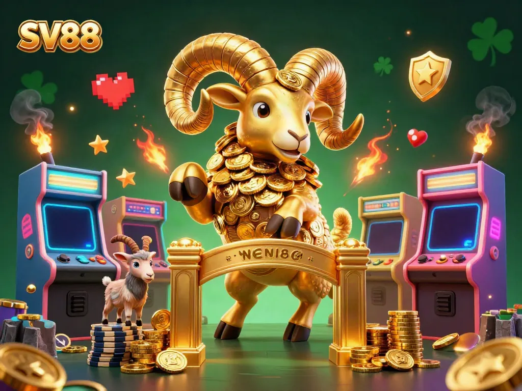 Engage with SV88's thrilling golden ram charging past vibrant casino elements in a dynamic 3D scene.
