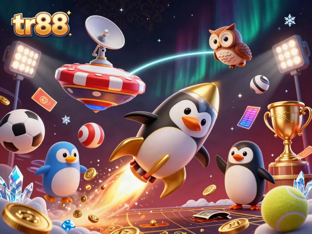 Experience the thrilling power of tr88 as a golden penguin rockets towards a poker chip casino